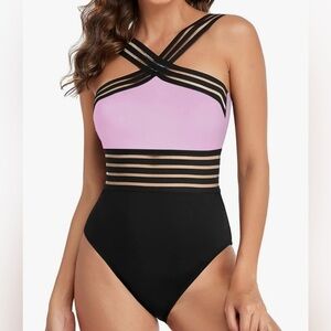 Women's Black and Pink Striped Swimsuit